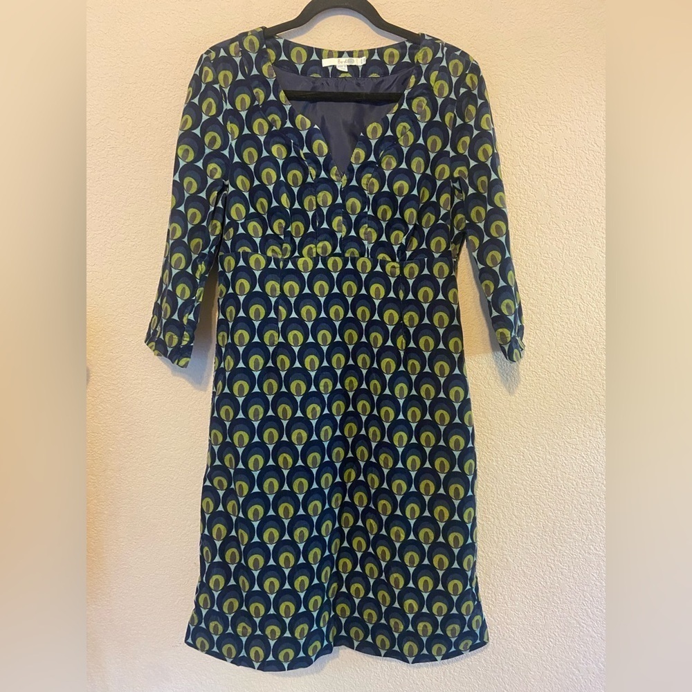 Boden Women’s 3/4 Sleeve Corduroy Sheath Dress Blue Green US Size 8L Geometric